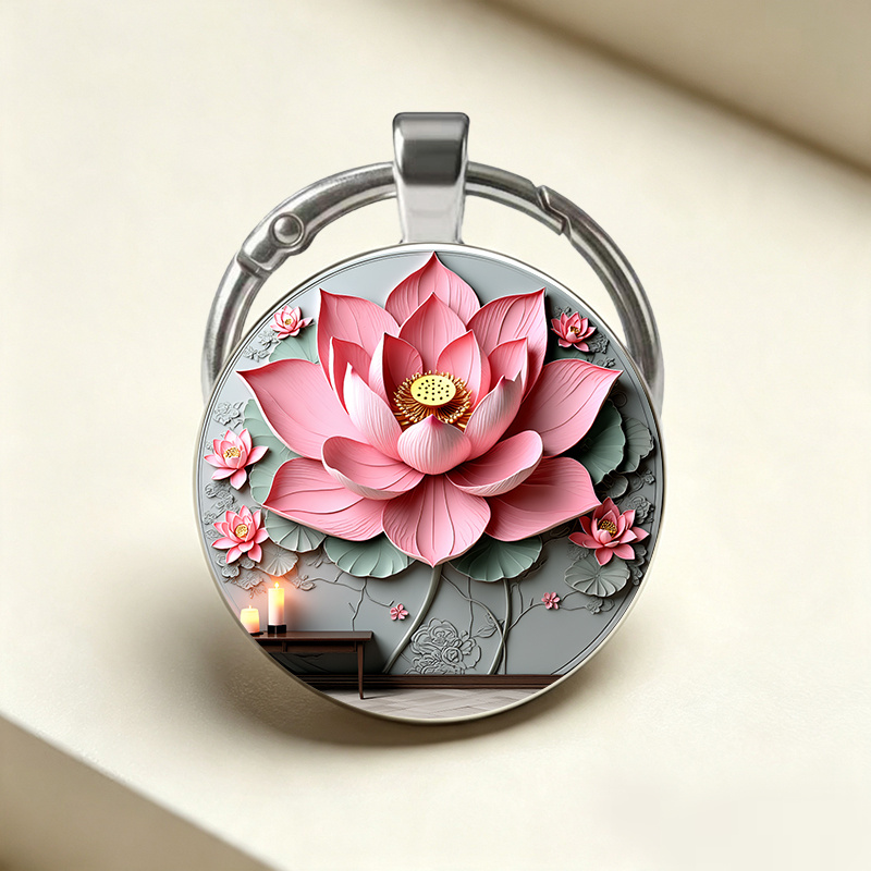 Chinese Style Round Keychain with Lotus Design